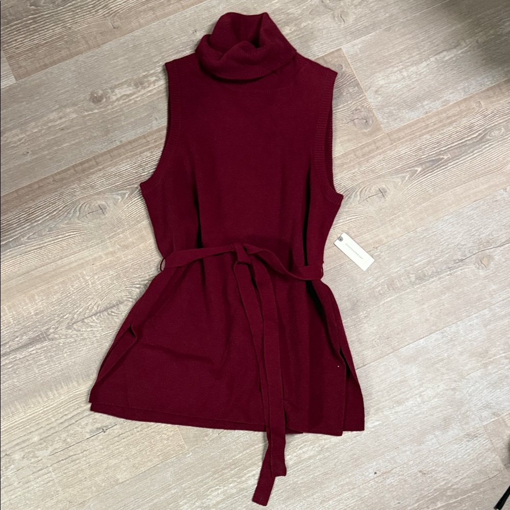 NWT Anthropologie Sleeveless Burgundy Turtleneck Wool Blend Sweater with Belt